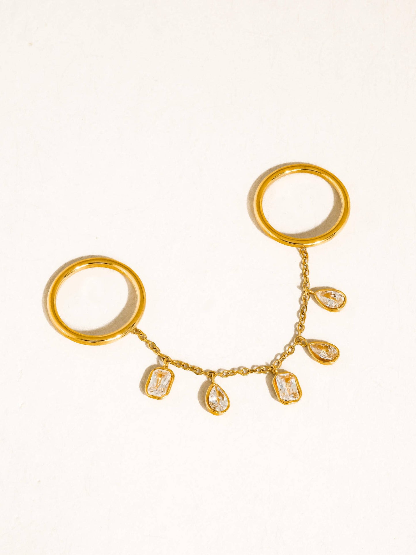 FM Cosette CZ Dangle Drop Double Ring - 18K Gold Plated