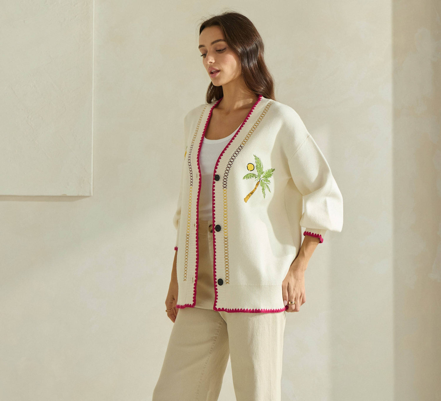 Able Embroidered V-Neck Cardigan - Cream/Red