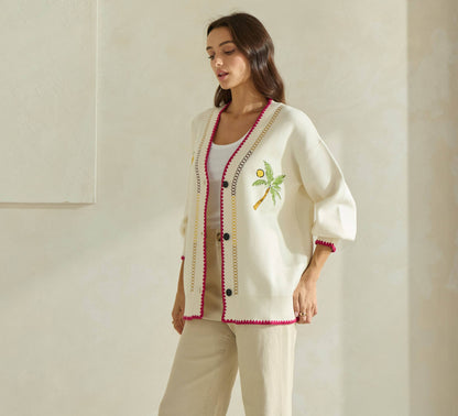 Able Embroidered V-Neck Cardigan - Cream/Red