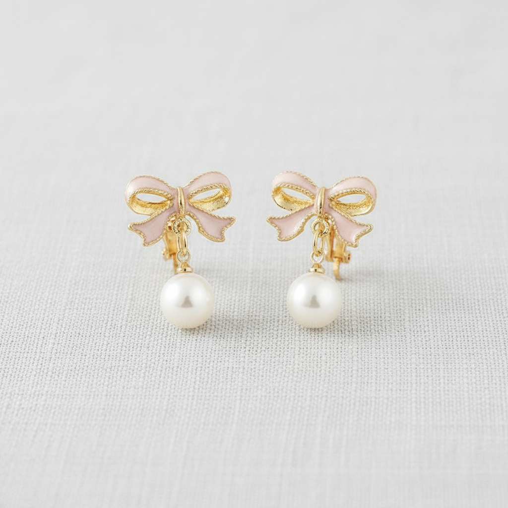 Pink Bow Pearl Earrings