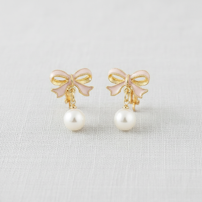 Pink Bow Pearl Earrings