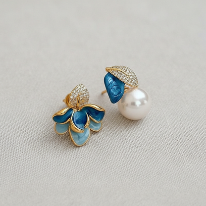 CD Vintage Floral and Pearl Earrings - Blue