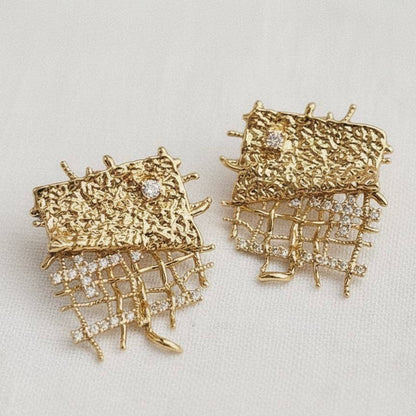 Nature Inspired Textured Gold & Cubic Zirconia Earrings