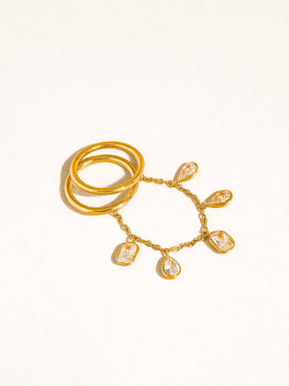 FM Cosette CZ Dangle Drop Double Ring - 18K Gold Plated