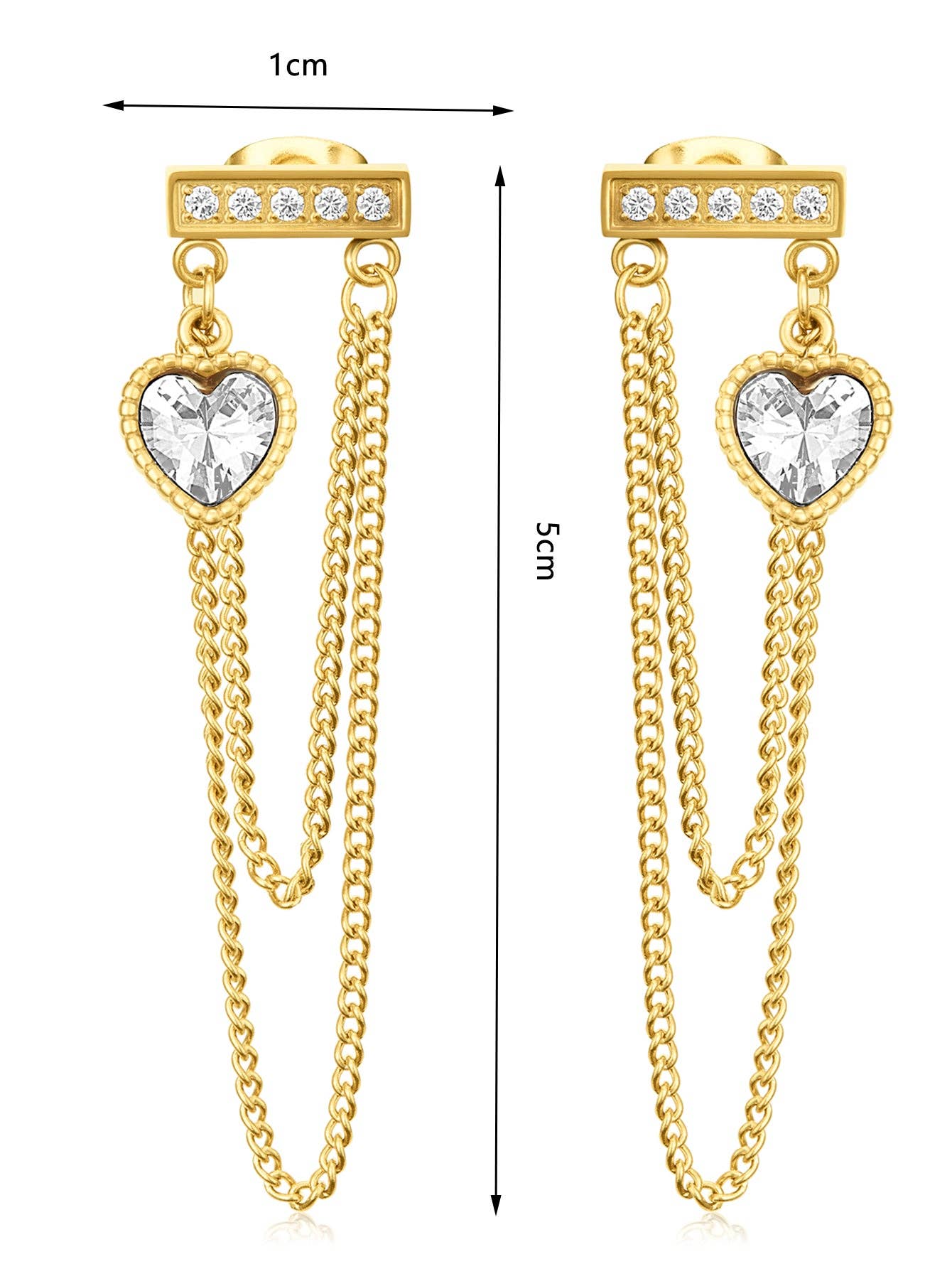 RB CZ Heart Chain Dangle Drop Earrings - 18K Gold Plated