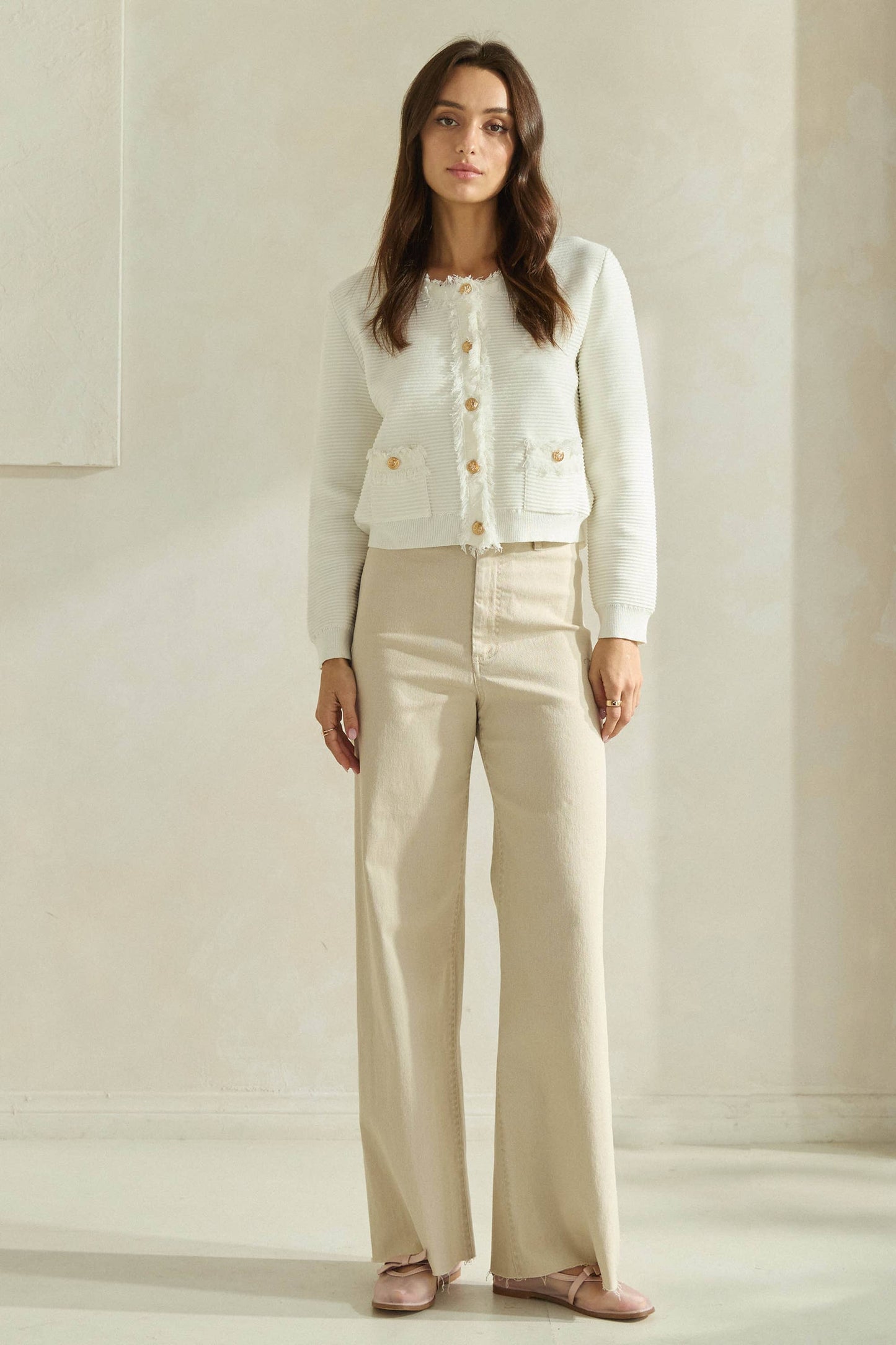 Able Frayed Edge Cardigan Jacket - Ivory/Gold