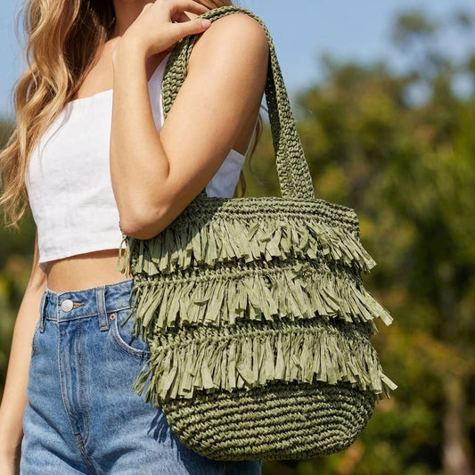 AS Raffia Fringe Tote Bag - Olive