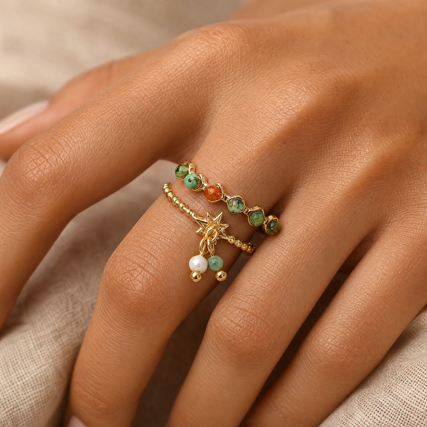 Gold Plated Beaded Star Charm Adjustable Double Ring