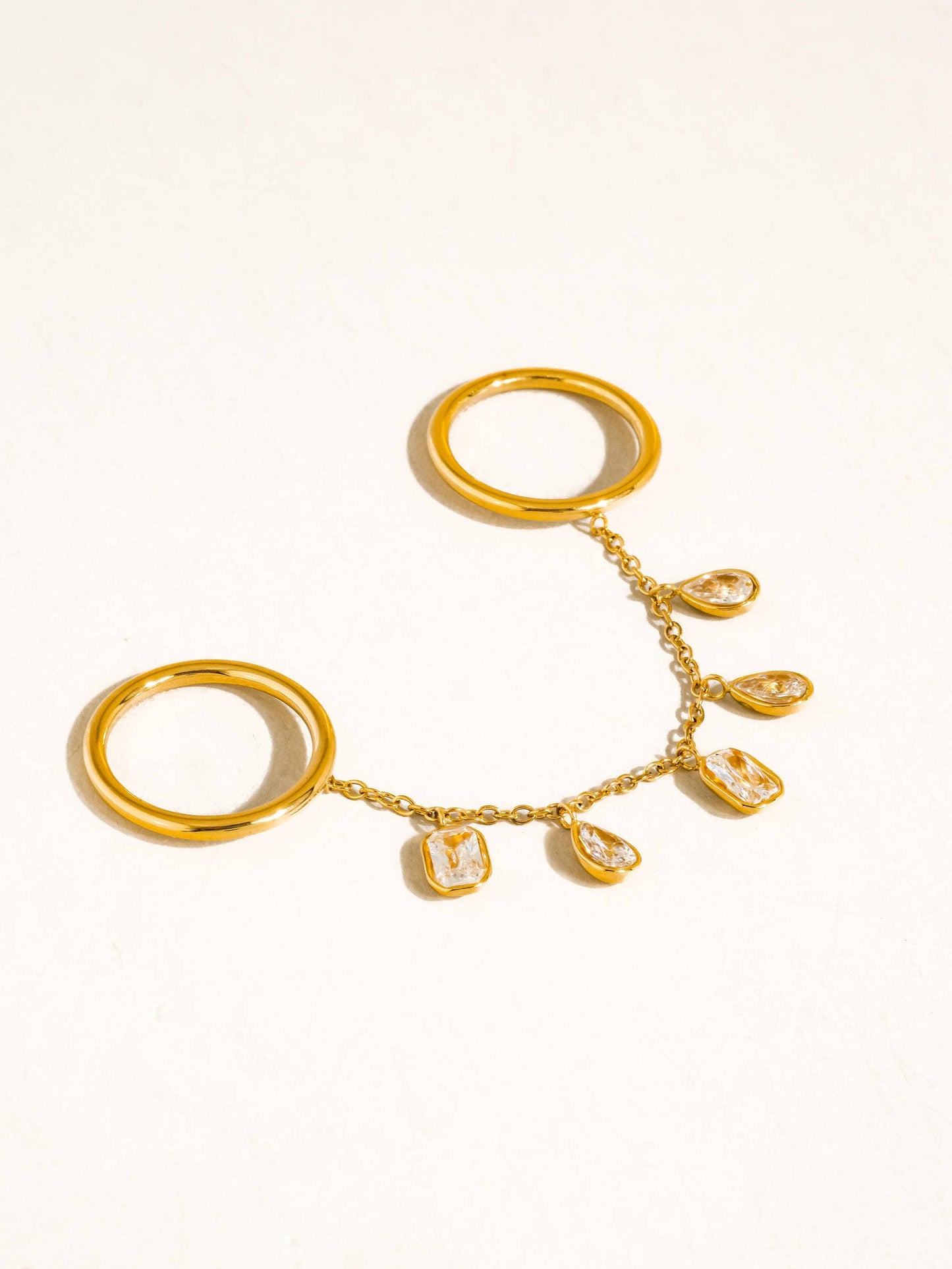 FM Cosette CZ Dangle Drop Double Ring - 18K Gold Plated