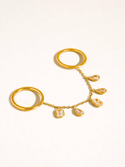 FM Cosette CZ Dangle Drop Double Ring - 18K Gold Plated