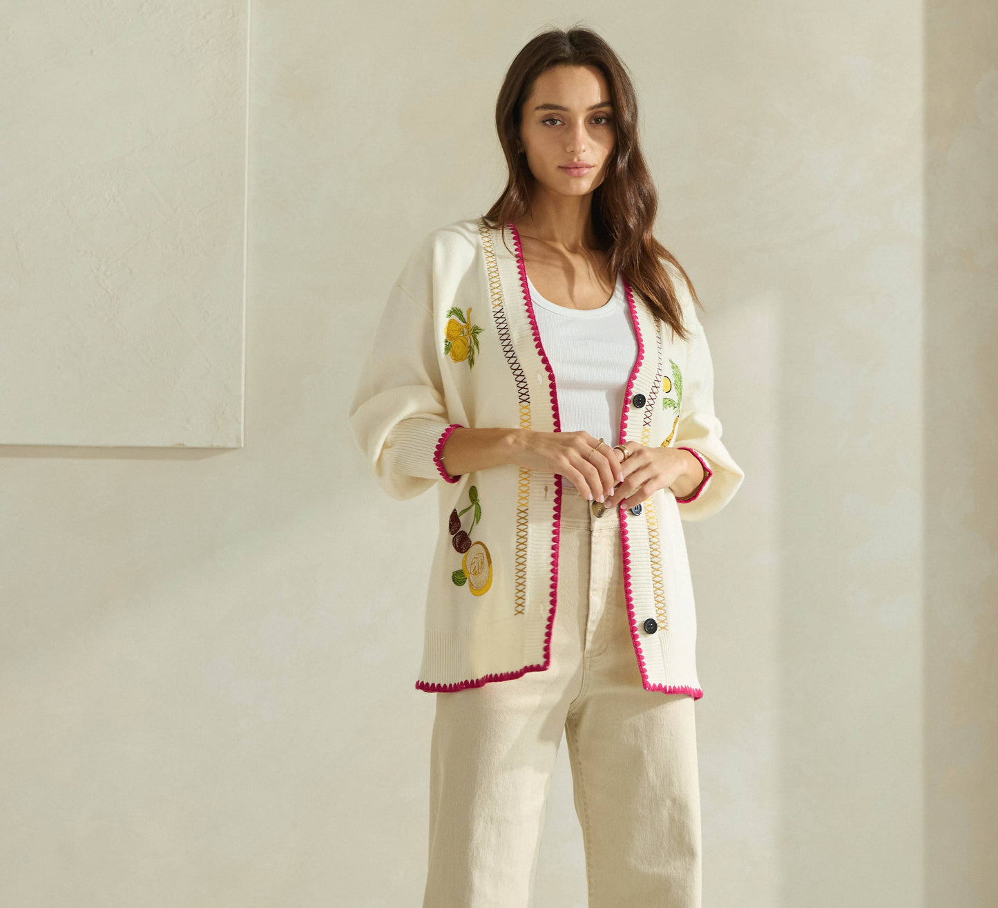 Able Embroidered V-Neck Cardigan - Cream/Red
