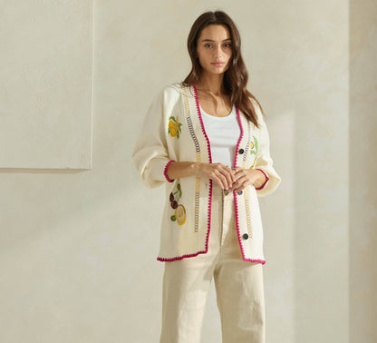 Able Embroidered V-Neck Cardigan - Cream/Red
