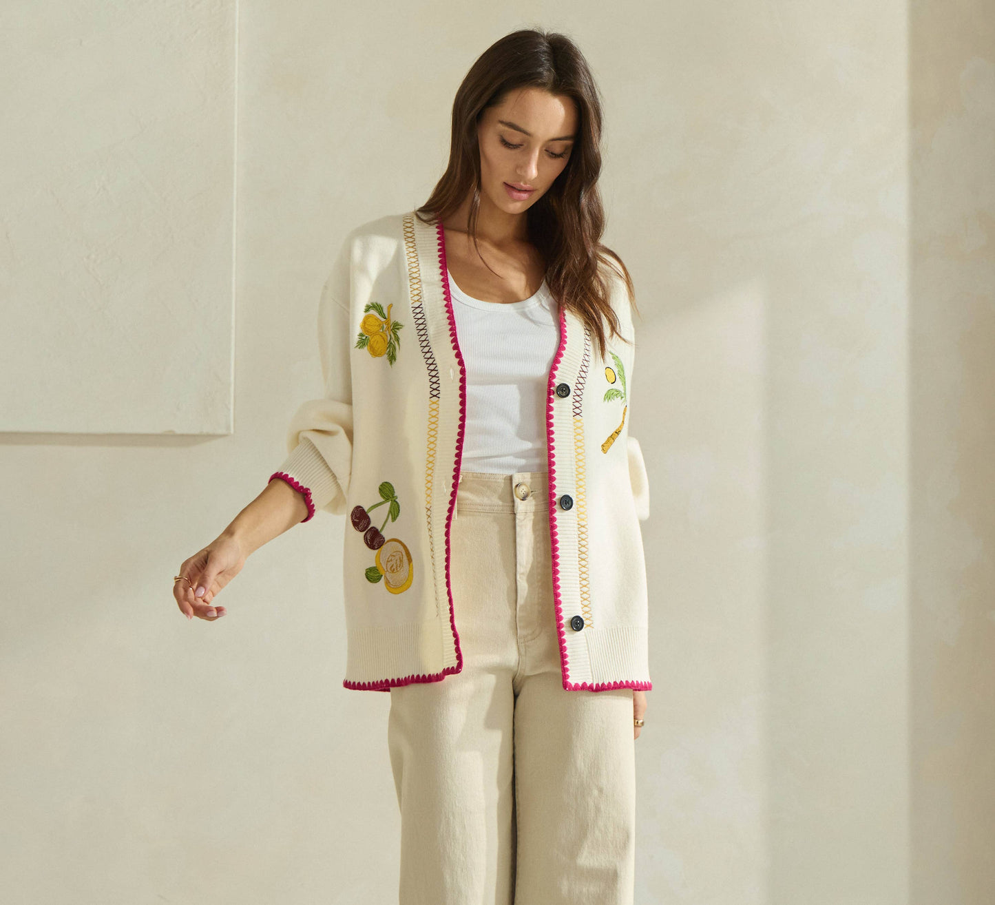 Able Embroidered V-Neck Cardigan - Cream/Red
