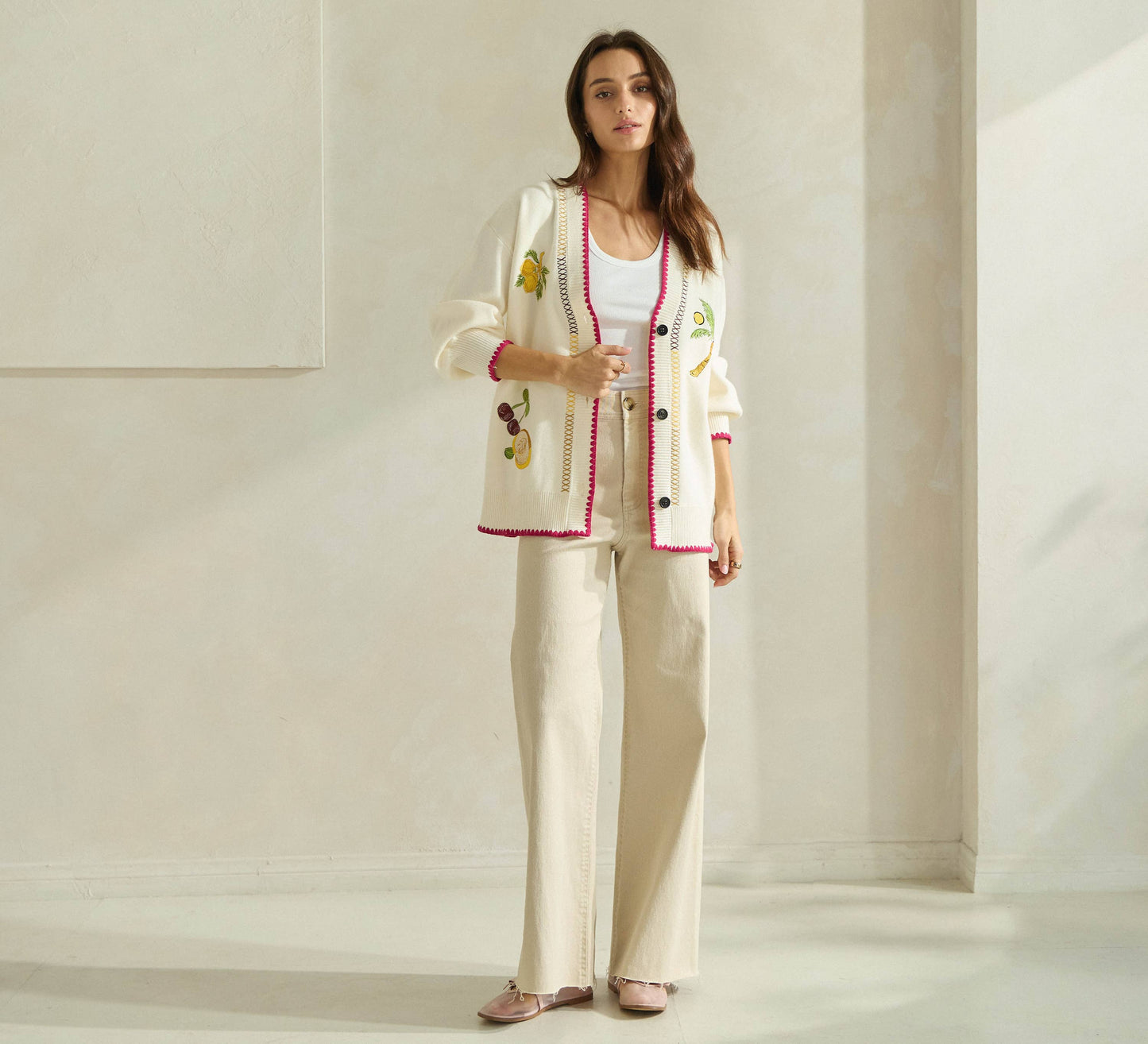 Able Embroidered V-Neck Cardigan - Cream/Red