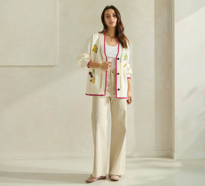 Able Embroidered V-Neck Cardigan - Cream/Red