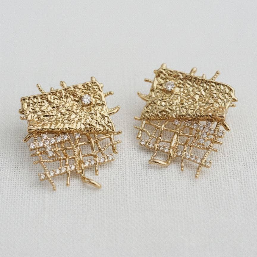Nature Inspired Textured Gold & Cubic Zirconia Earrings