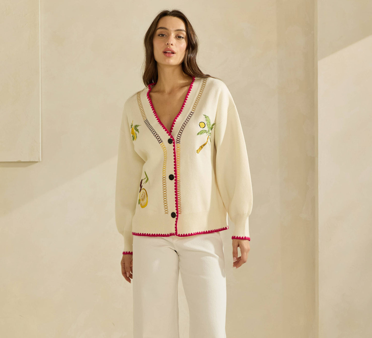 Able Embroidered V-Neck Cardigan - Cream/Red