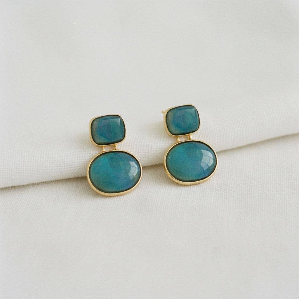 Geometric Drop Earrings - Green/Gold