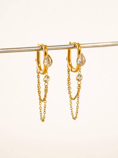 FM Lucienne CZ Chain Link Drop Earrings - 18K Gold Plated