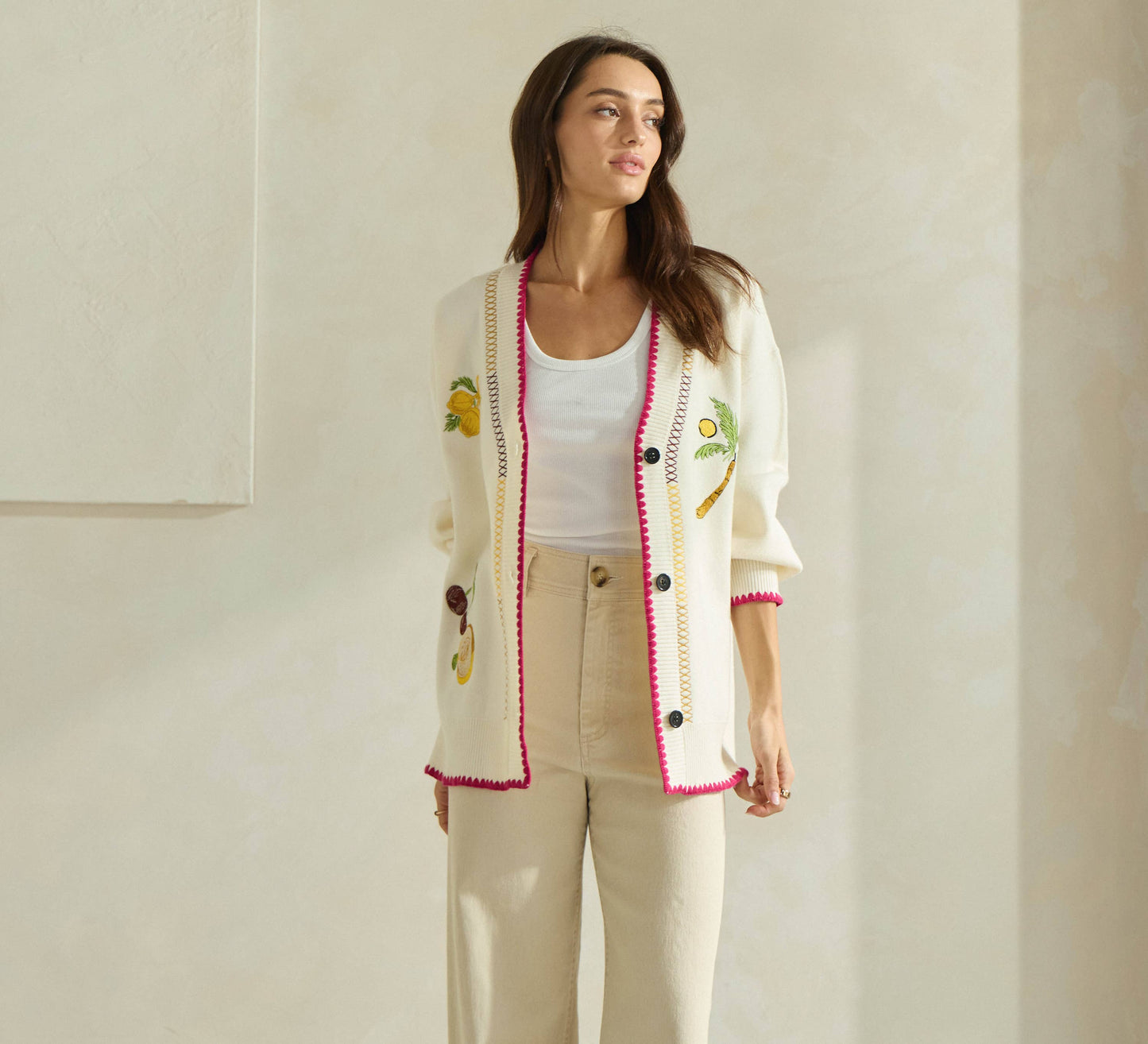 Able Embroidered V-Neck Cardigan - Cream/Red