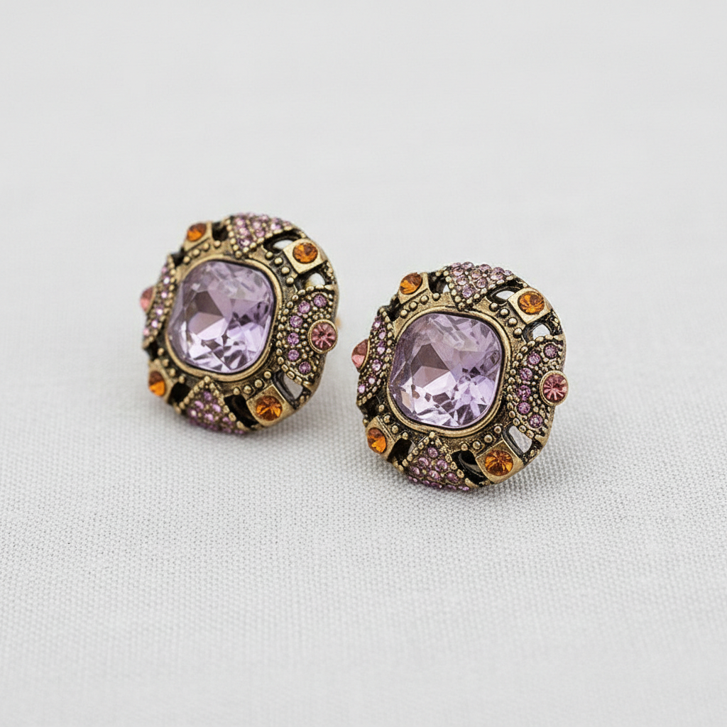 CD Vintage Rhinestone Geometric Stud Earrings - Purple