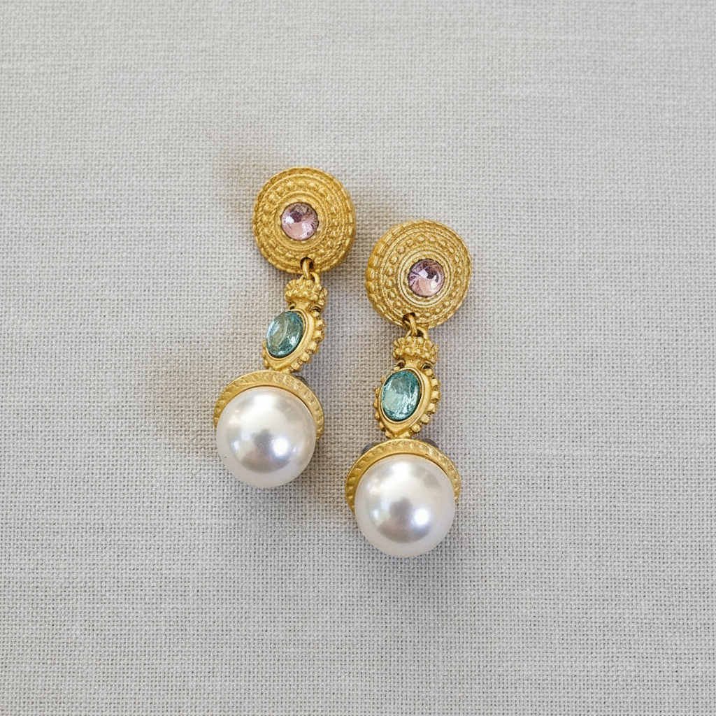 CD Vintage Geometric Gem + Pearl Drop Earrings