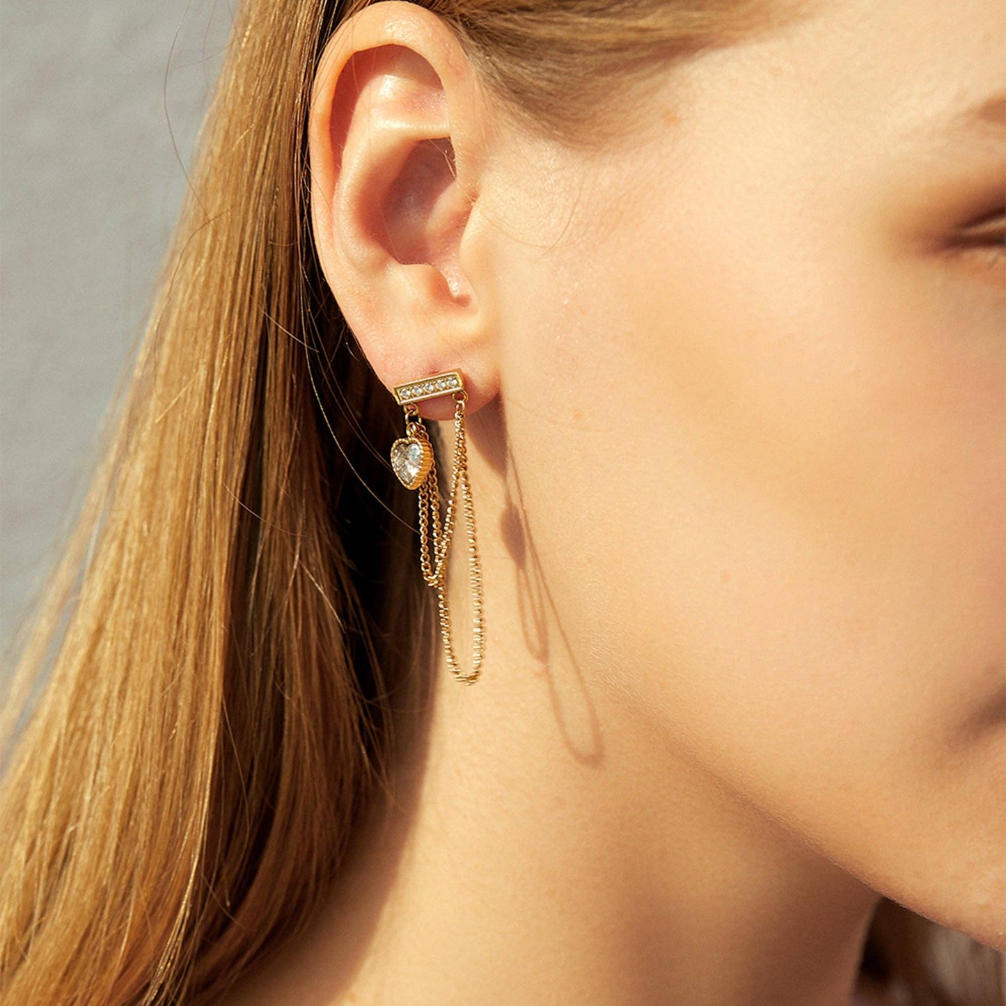 RB CZ Heart Chain Dangle Drop Earrings - 18K Gold Plated