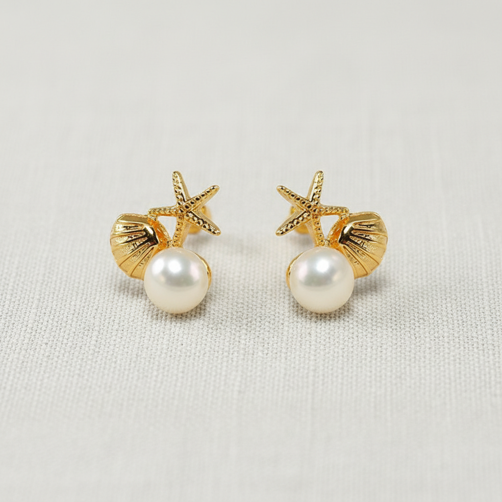 CD Starfish Shell Pearl Stud Earrings
