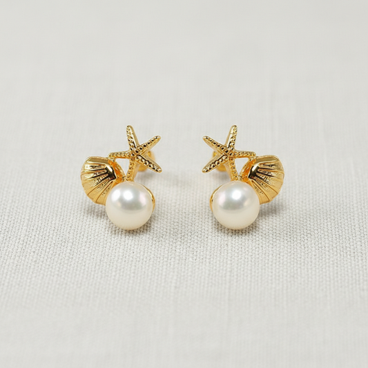 CD Starfish Shell Pearl Stud Earrings