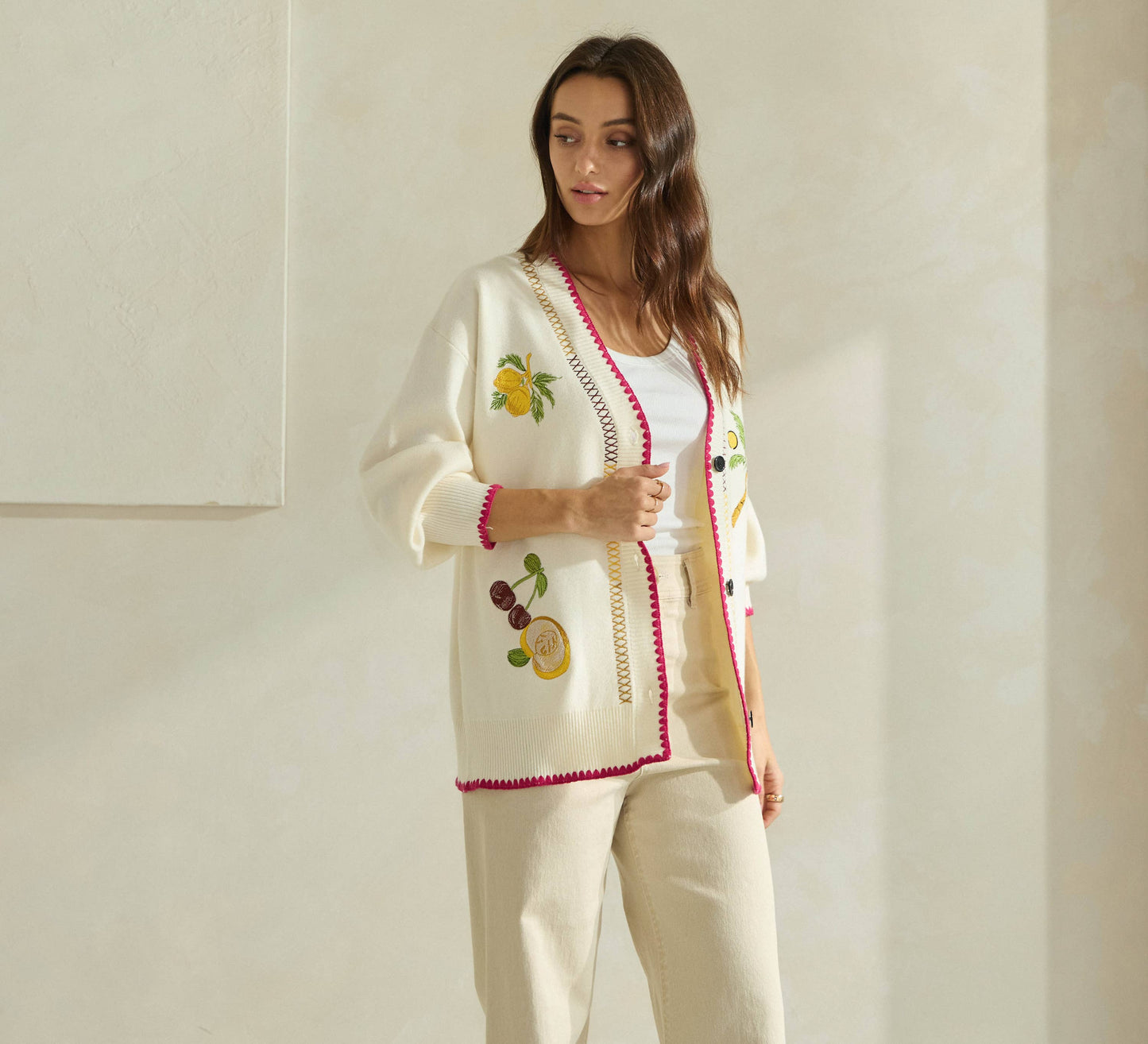 Able Embroidered V-Neck Cardigan - Cream/Red