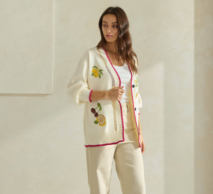 Able Embroidered V-Neck Cardigan - Cream/Red
