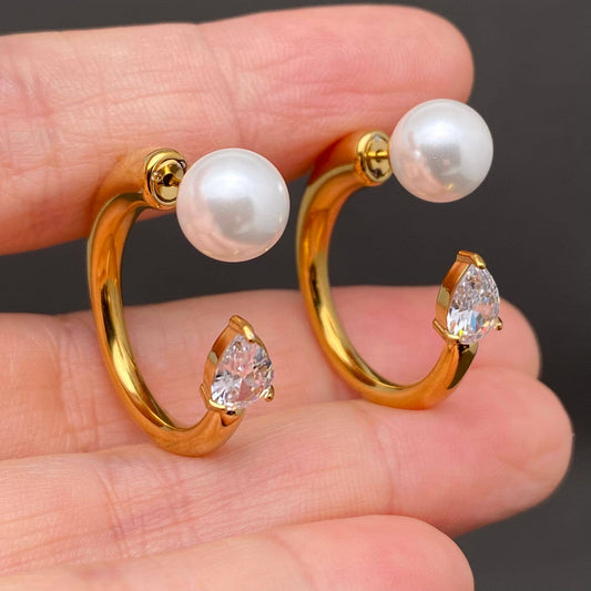 Zircon Inlaid 18K Golden S.Steel Pearl Stud Earrings - FGS
