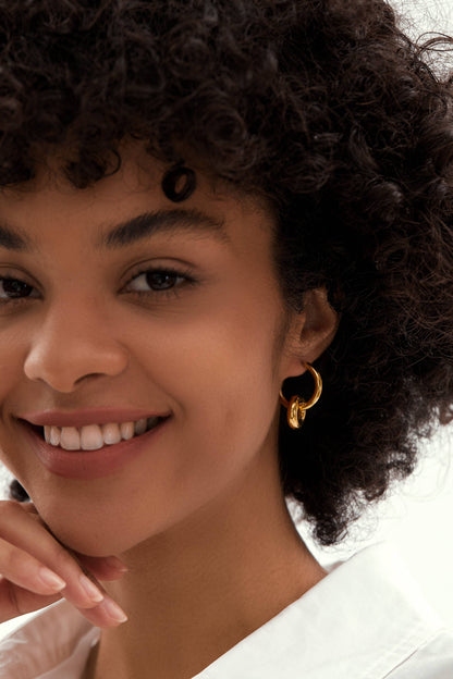 RB Pendant Drop Hoop Huggie Earrings - 18K Gold Plated