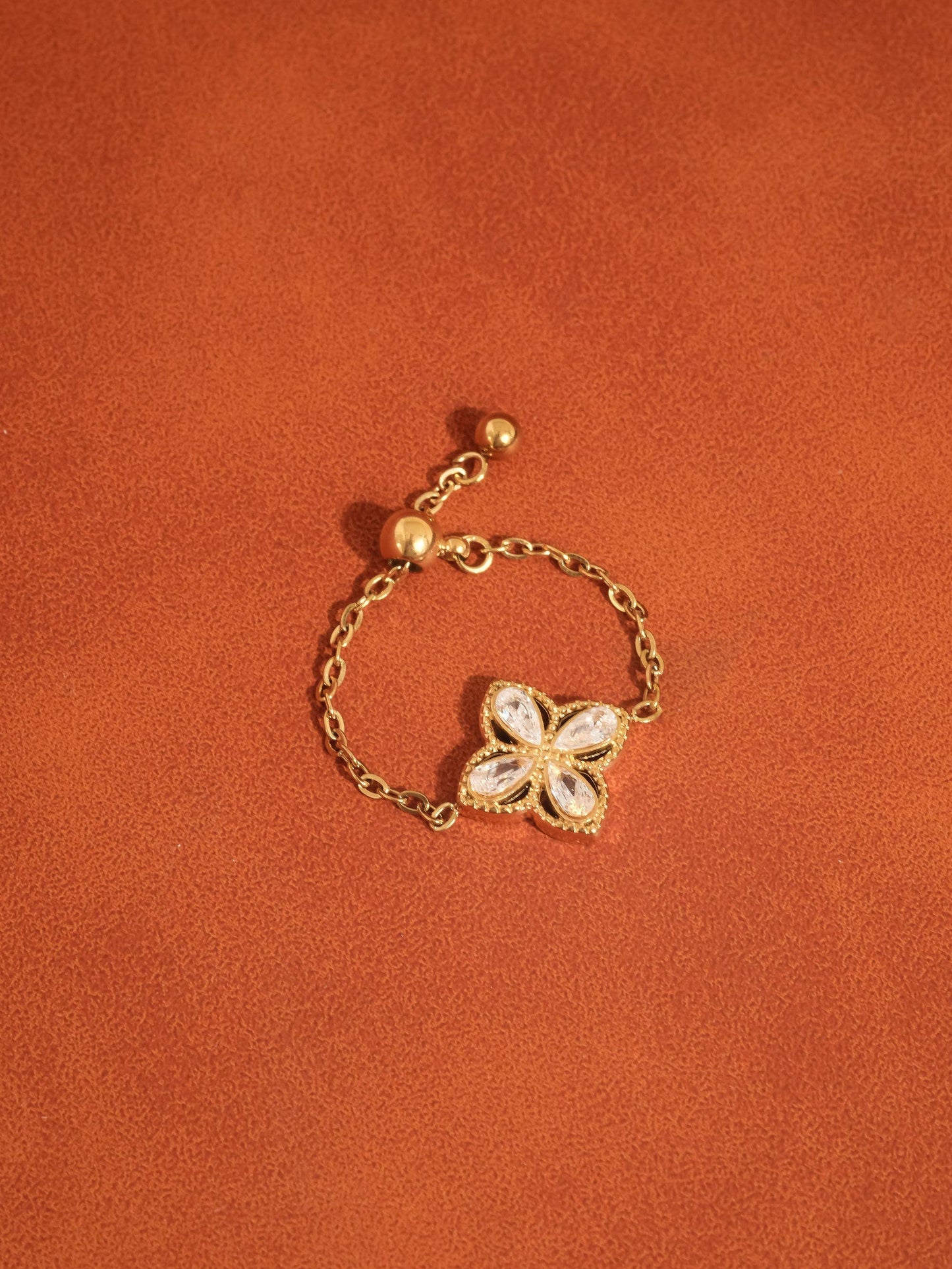 FM Lelandi CZ Floral Adjustable Chain Ring - 18K Gold Plated