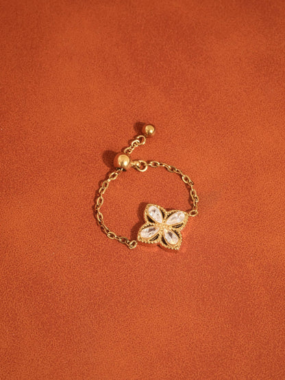 FM Lelandi CZ Floral Adjustable Chain Ring - 18K Gold Plated