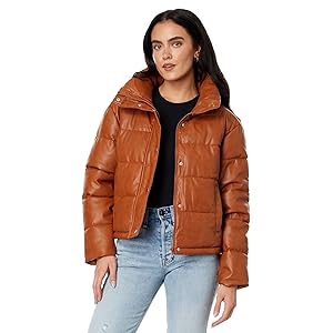 Avec Les Filles Faux-Ever Leather Cropped Puffer Coat - Caramel