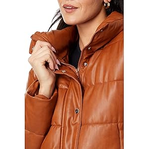 Avec Les Filles Faux-Ever Leather Cropped Puffer Coat - Caramel