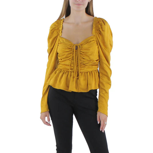 Aqua Tie Neck Gathered Off The Shoulder Top - Mustard