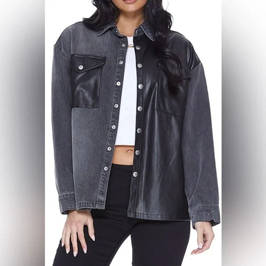 Blue Revival Denim + Faux Leather Jacket - Blk