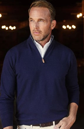 Collars & Co. Cashmere Touch Australian Merino Quarter Zip Sweater - Navy