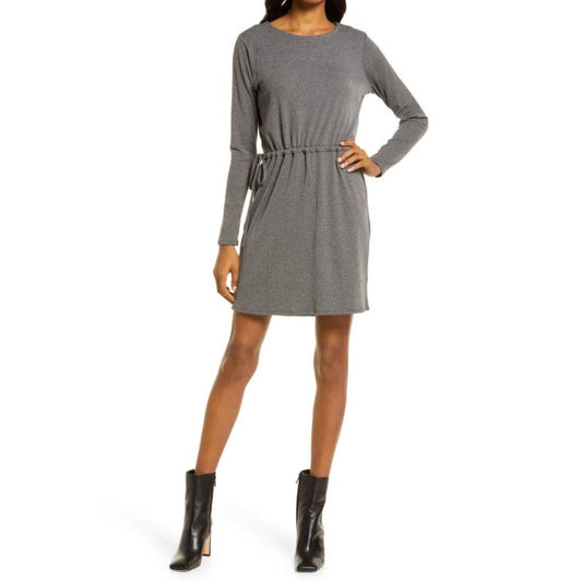 Charles Henry Ribbed Cinch Waist Dress - Charcoal Gray