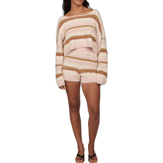 Charlie Holiday Tellow Striped Fuzzy Knit Crop Top - Cream/Pink