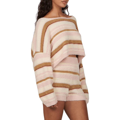 Charlie Holiday Tellow Striped Fuzzy Knit Crop Top - Cream/Pink