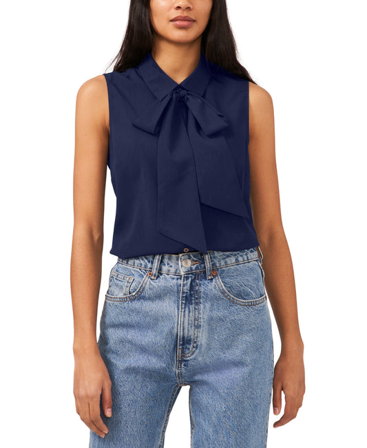 Cece Sleeveless Bow Button Front Top - Navy