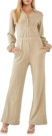English Factory Free the Roses Rib Wide Leg Jumpsuit - Taupe