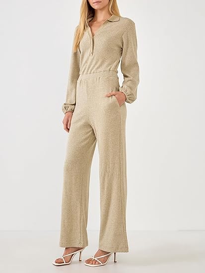 English Factory Free the Roses Rib Wide Leg Jumpsuit - Taupe