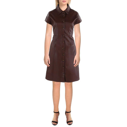Gracia Plus Faux Leather Collared Shirtdress - Brown