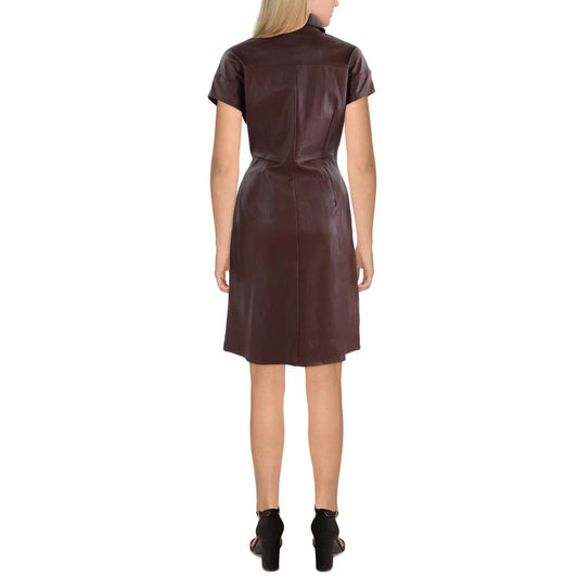 Gracia Plus Faux Leather Collared Shirtdress - Brown