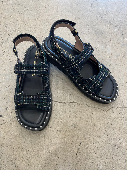 Stuart Weitzman Zoe Lift Sandal - Black/Grn Tweed 10