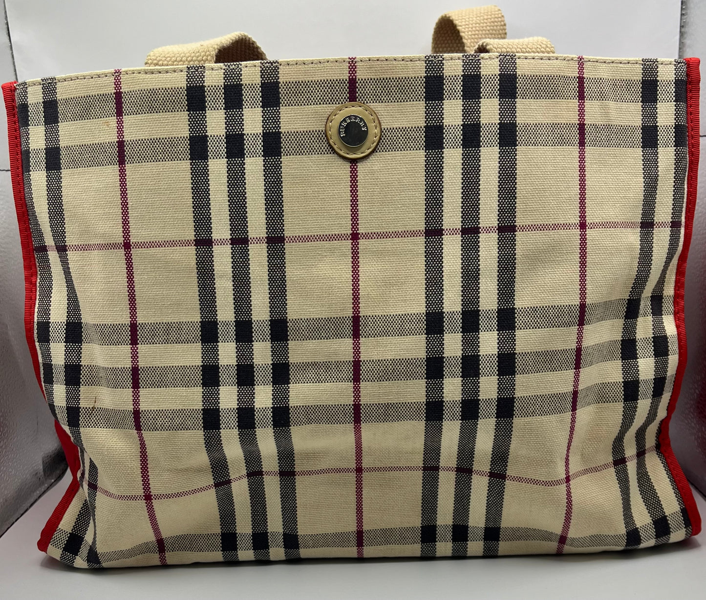 Pre-Loved Burberry Nova Check Canvas Tote - Beige/Red